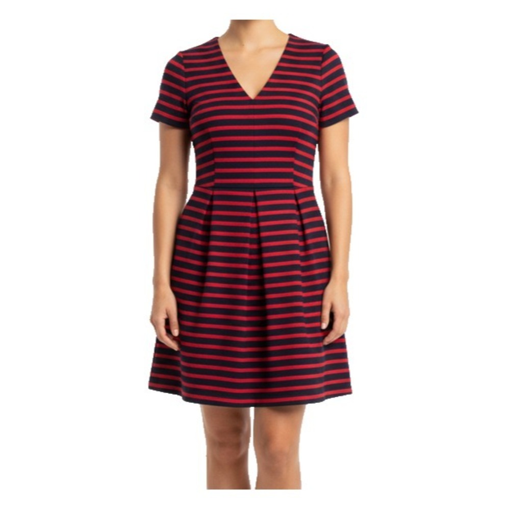 NWT Gap Fit & Flare Dress Womens 4 Red Striped V-Neck Pockets Coastal Preppy‎